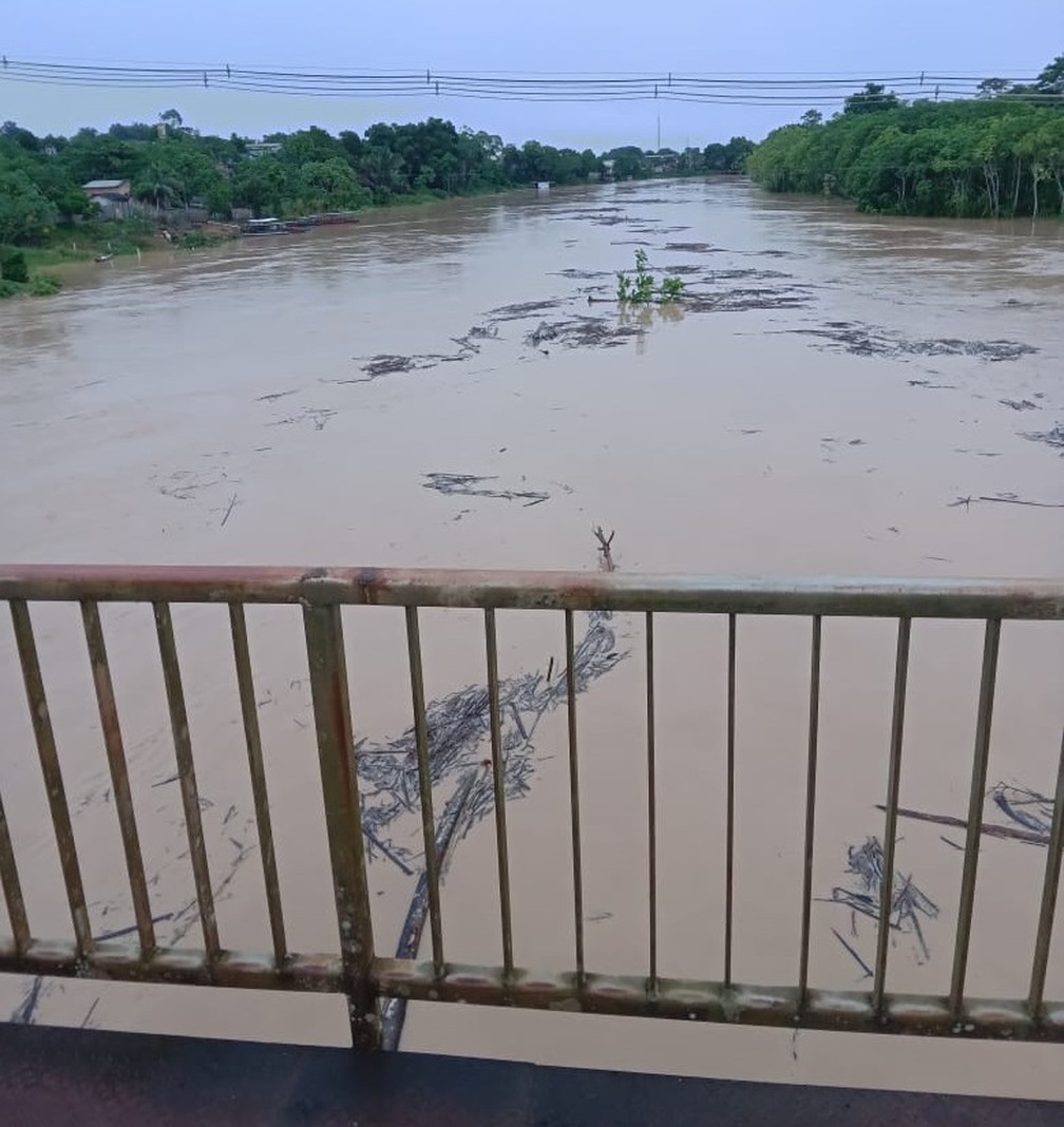 Em Sena Madureira, Rio Iaco está 40 centímetros acima do alerta — Foto: Aldejane Pinto/Arquivo Pessoal