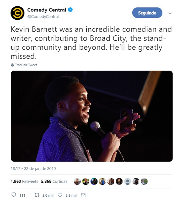 Comedy Central lamenta morte de Kevin Barnett (Foto: Reprodução/Twitter)