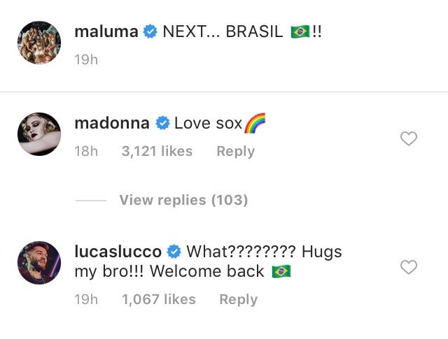 Madonna e Lucas Lucco comentam foto de Maluma (Foto: Reprodução / Instagram)
