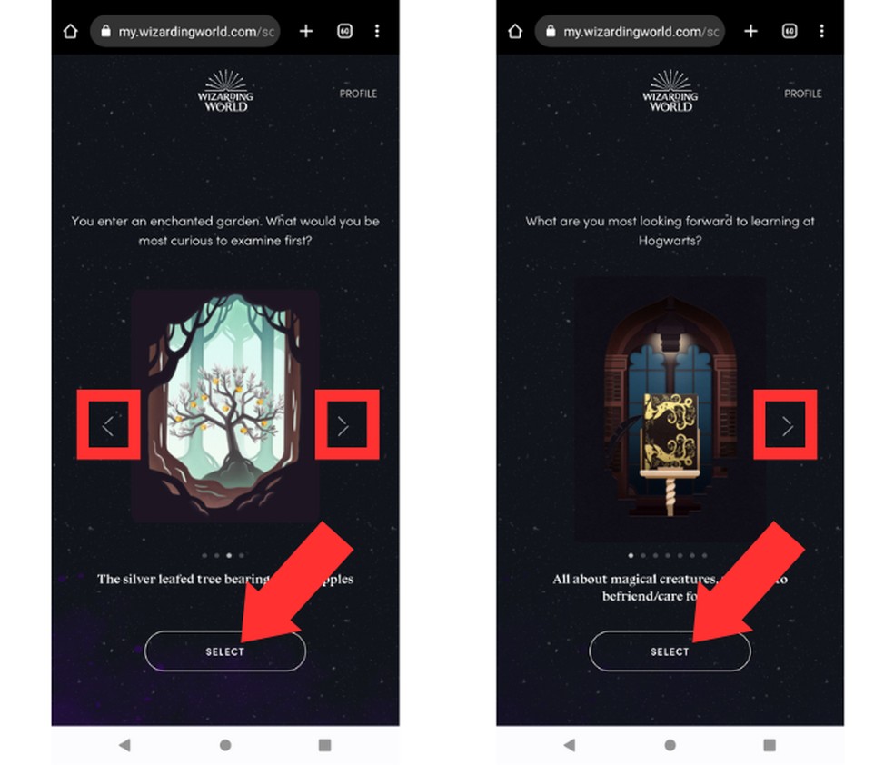 Utilizando as setas para direita e esquerda, usuários deverão responder perguntas apresentadas pela plataforma Wizarding World — Foto: Reprodução/Mariana Tralback