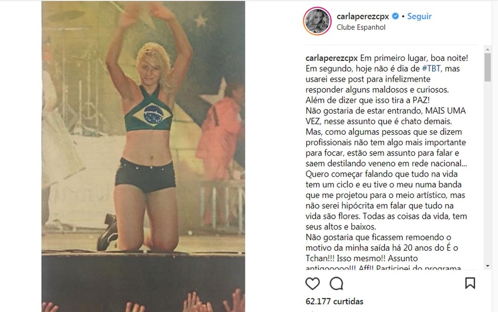 Carla Perez fez comentário sobre saída do grupo, no Instagram (Foto: Reprodução/ Instagram)