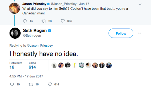 Seth Rogen dizendo não ter ideia do motivo que o levou a ser bloqueado por Rob Schneider (Foto: Twitter)