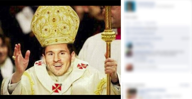 Rosto do craque Lionel Messi aparece sobreposto a uma imagem do papa (Foto: Reprodução)