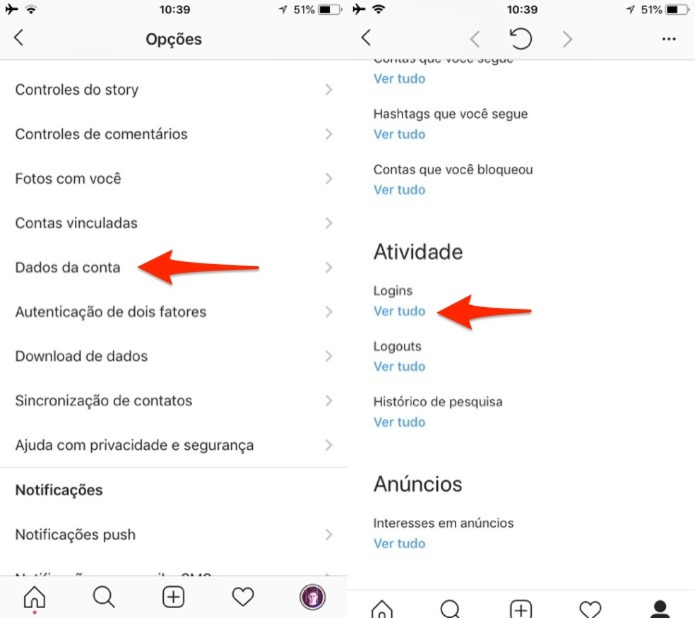 Ação para verificar logins em uma conta do Instagram pelo celular (Foto: Reprodução/Marvin Costa)