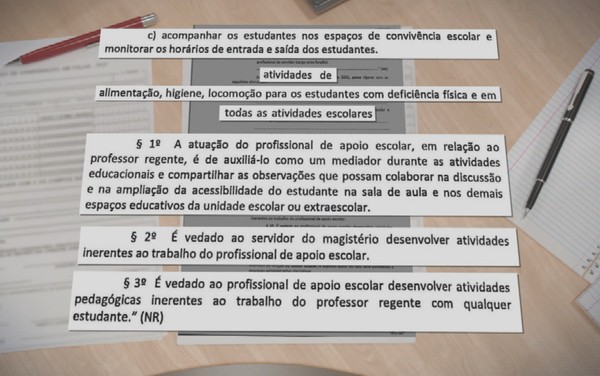 Trecho do projeto de lei que institui nova funo de professor de apoio em Gois  Foto: Reproduo/TV Anhanguera