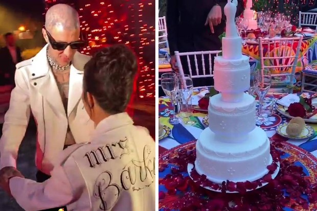 Kourtney Kardashian e Travis Barker se divertem em festa de casamento; o bolo de casamento foi clássico (Foto: Reprodução/Instagram)