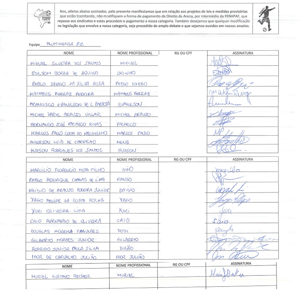 Jogadores do Fluminense assinam abaixo-assinado contra trecho da MP do Futebol — Foto: Divulgação / Saferj