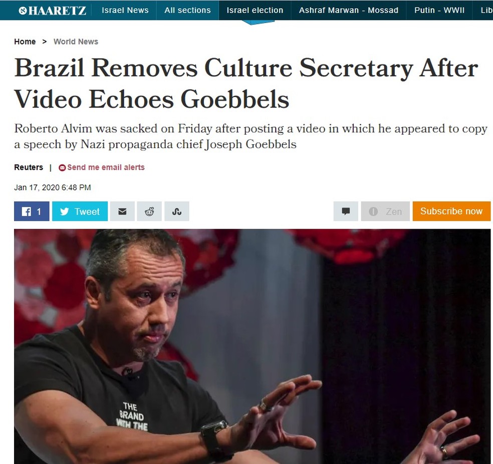 Página do Haaretz, de Israel, sobre discurso de Roberto Alvim — Foto: Reprodução