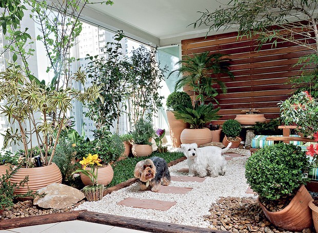 Colocar as plantas dentro de vasos, tripés e paletes na sua varanda (Foto: Ilana Bar/Casa e Jardim)