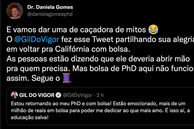 Dra Daniela Gomes explicou como que funciona uma bolsa de Ph.D nos Estados Unidos (Foto: Reprodução / Twitter)