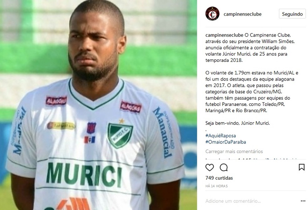 O volante Júnior Murici foi anunciado pela Raposa no início de novembro e não faz mais parte do elenco rubro-negro (Foto: Reprodução / Instagram)