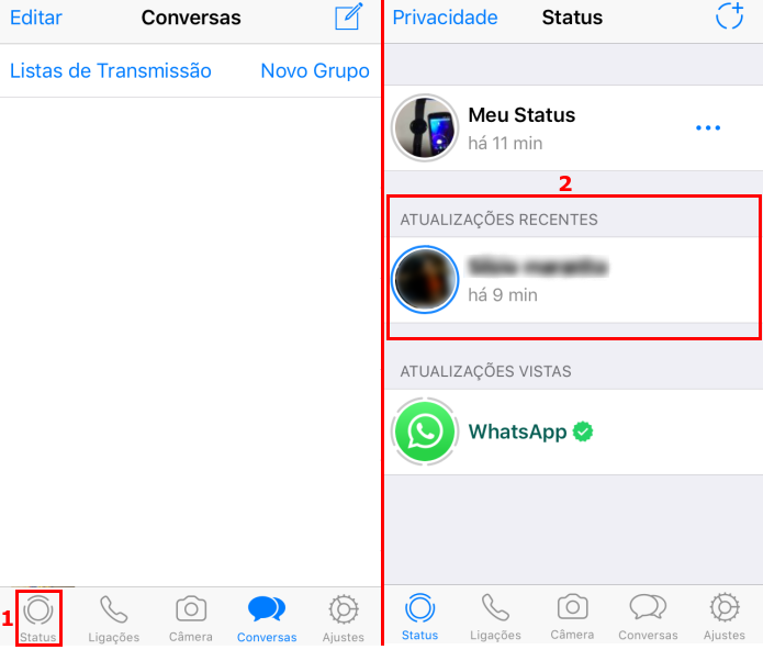 Acessando a guia "Status" do WhatsApp no iPhone (Foto: Reprodução/Edivaldo Brito)