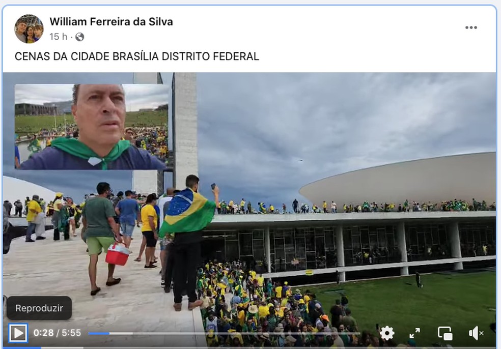 William Ferreira, conhecido como Homem do Tempo em Rondônia, fez lives em suas redes sociais no momento da invasão em Brasília, no domingo (8) — Foto: Reprodução/Facebook