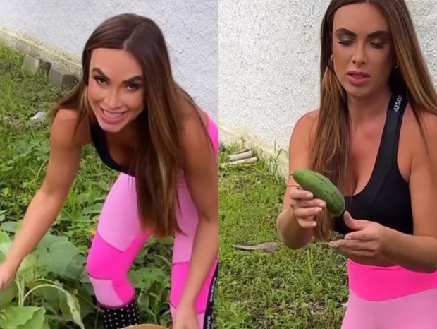 Nicole Bahls colhendo pepinos em sua horta (Foto: Reprodução/ Instagram)