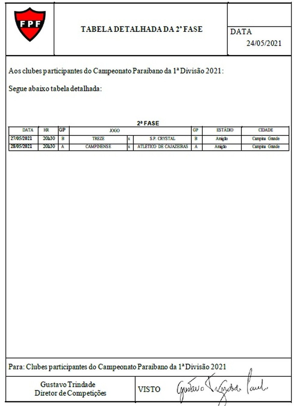 Documento oficial da FPF apontando datas das repescagens das semifinais — Foto: Reprodução / FPF-PB