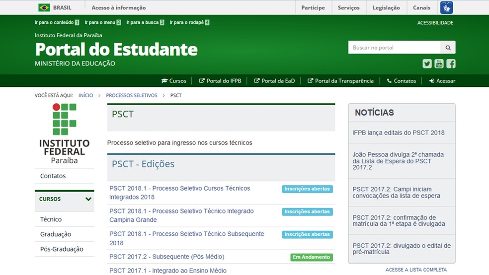Detalhes dos editais pode ser conferido no Portal do Estudante (Foto: Reprodução/estudante.ifpb.edu.br)