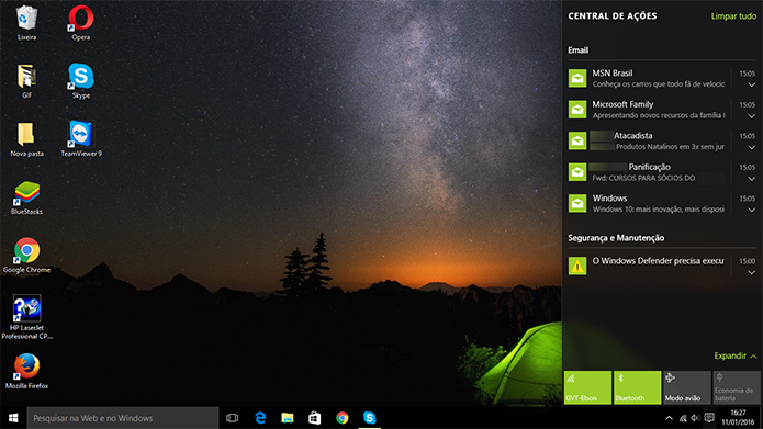 Windows 10 pode ter Central de Notificações desativada pelo usuário (Foto: Reprodução/Elson de Souza)