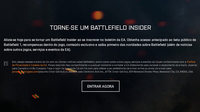 Para se inscrever na beta de Battlefield 1 é necessário concordar com e-mails promocionais (Foto: Reprodução/Rafael Monteiro)