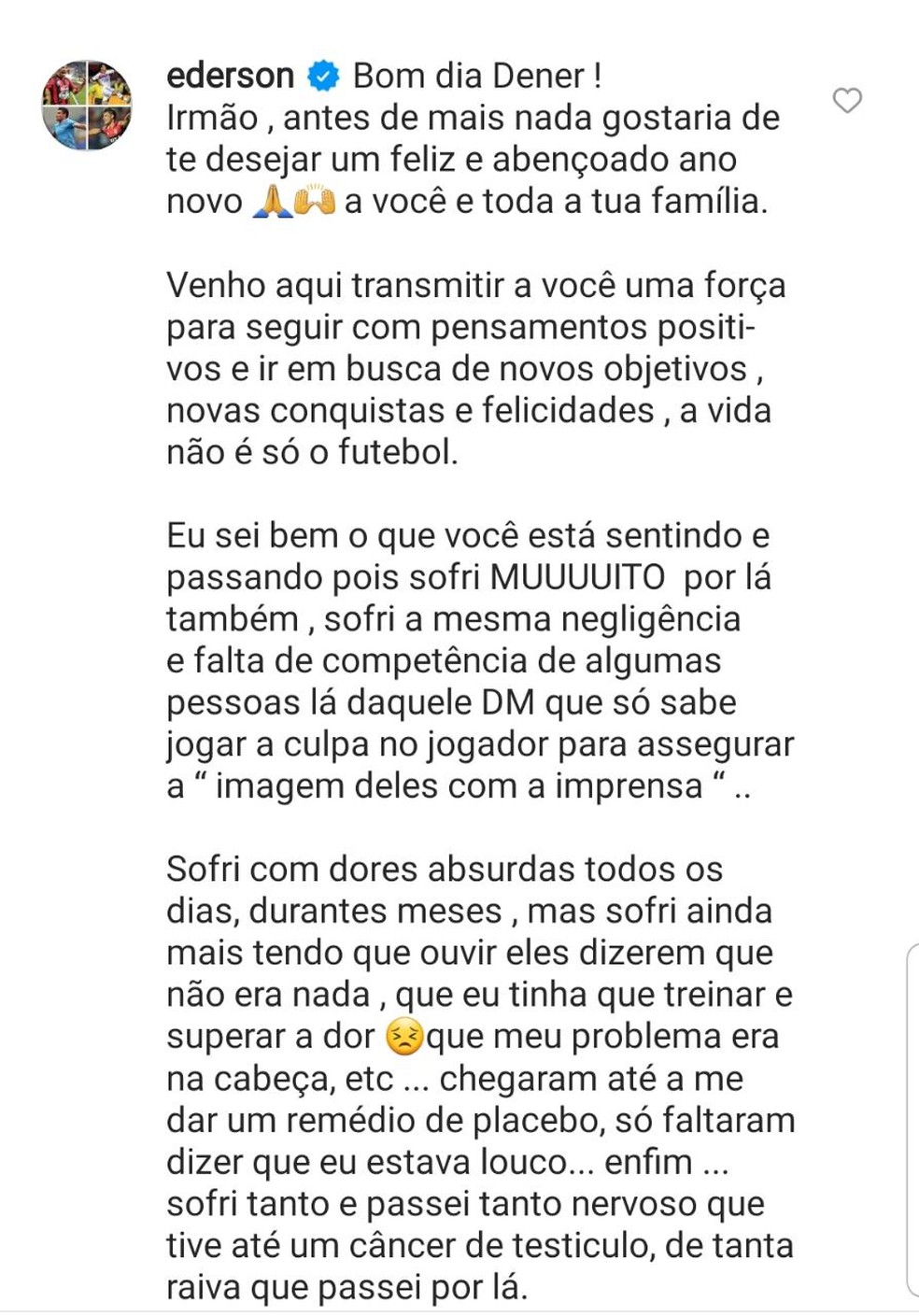 Ederson critica o tratamento médico recebido no Flamengo — Foto: Reprodução