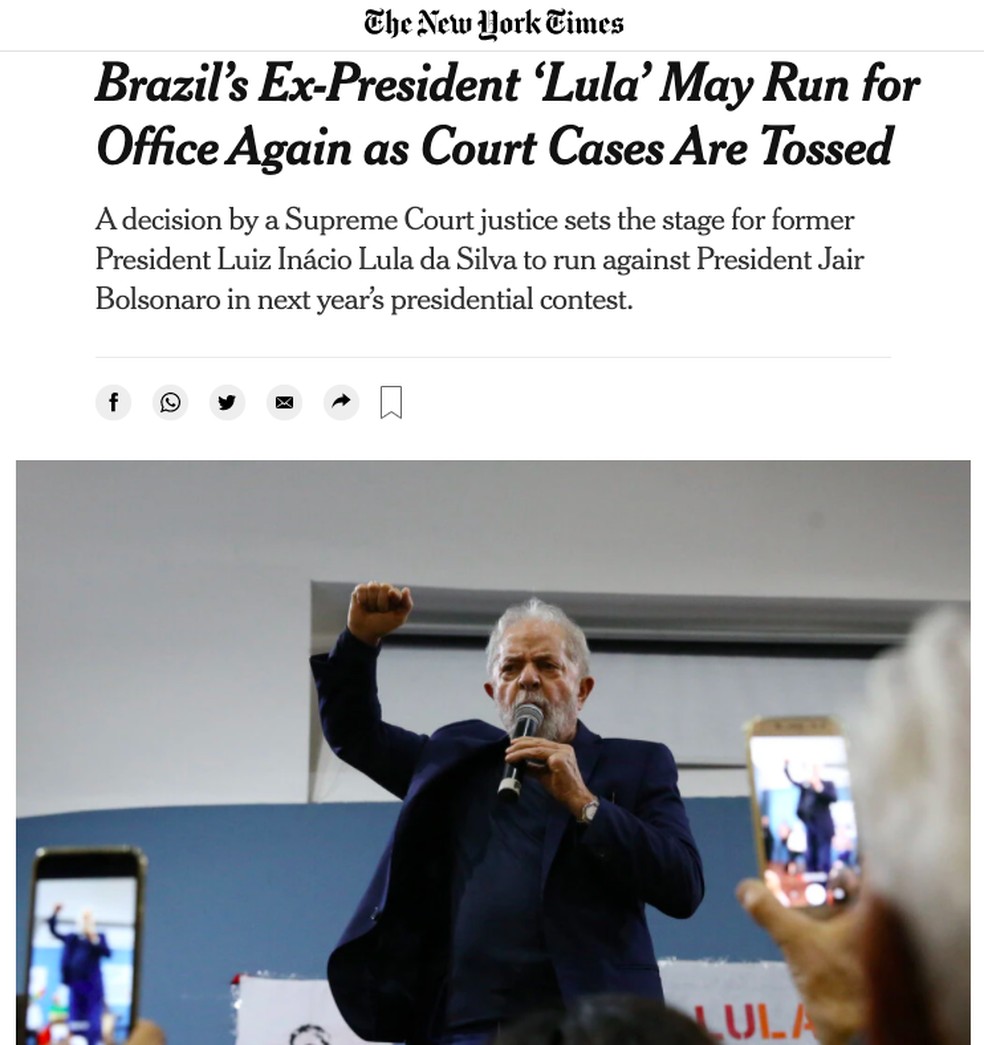 'The New York Times', dos EUA, destacam que a anulação das condenações de Lula o colocam no páreo para as eleições de 2022 — Foto: Reprodução