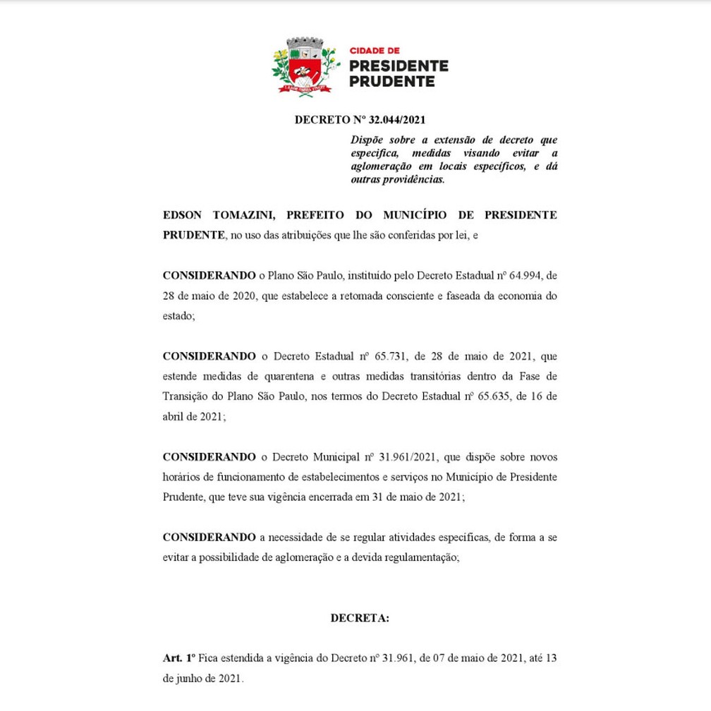 Prefeitura proíbe o consumo de bebidas alcoólicas após as 21h em estabelecimentos de Presidente Prudente — Foto: Reprodução