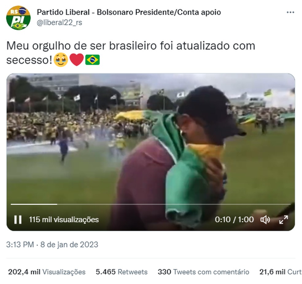 Perfil que usa imagem do PL diz ter orgulho após invasão em Brasília — Foto: Reprodução/Twitter