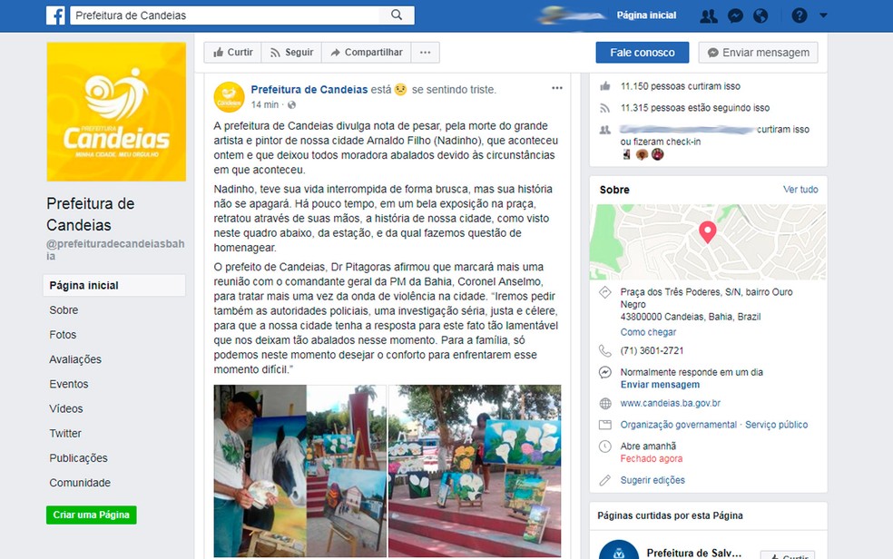Prefeitura de Candeias postou nota de pesar no perfil do Facebook (Foto: Reprodução/Facebook)