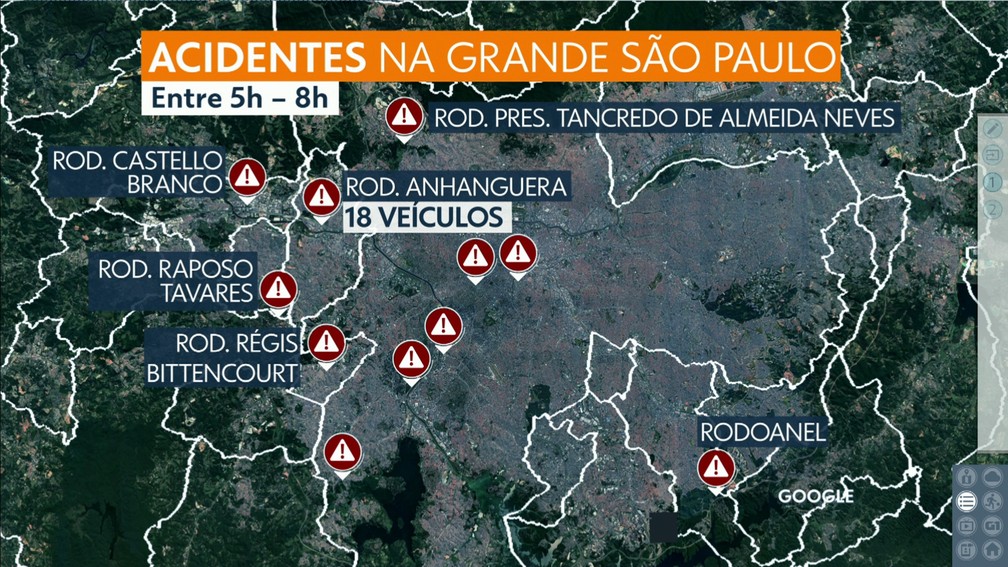 Mapa dos acidentes na manhã desta segunda-feira (2)  — Foto: Reprodução/TV Globo