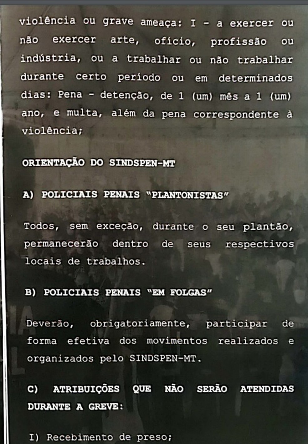Cartilha da greve dos servidores do Sistema Penitenciário prevê o não recebimento de presos nas unidades prisionais de Mato Grosso — Foto: Reprodução