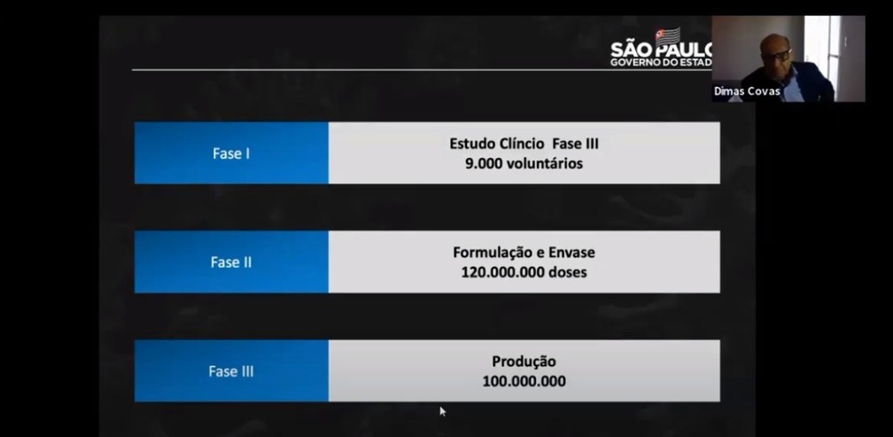 Dimas Covas, diretor do Instituto Butantan, apresenta slide que prevê produção de 100 milhões de doses de vacina contra Covid-19 — Foto: Reprodução