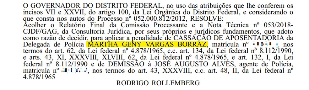 Cassação de aposentadoria de Martha Vargas é publicada no Diário Oficial do DF (Foto: Reprodução)