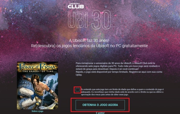 Ubisoft Club: marque a caixa de seleção indicando ciência do conteúdo e clique em Obtenha o jogo agora (Foto: Reprodução/Paulo Vasconcellos)