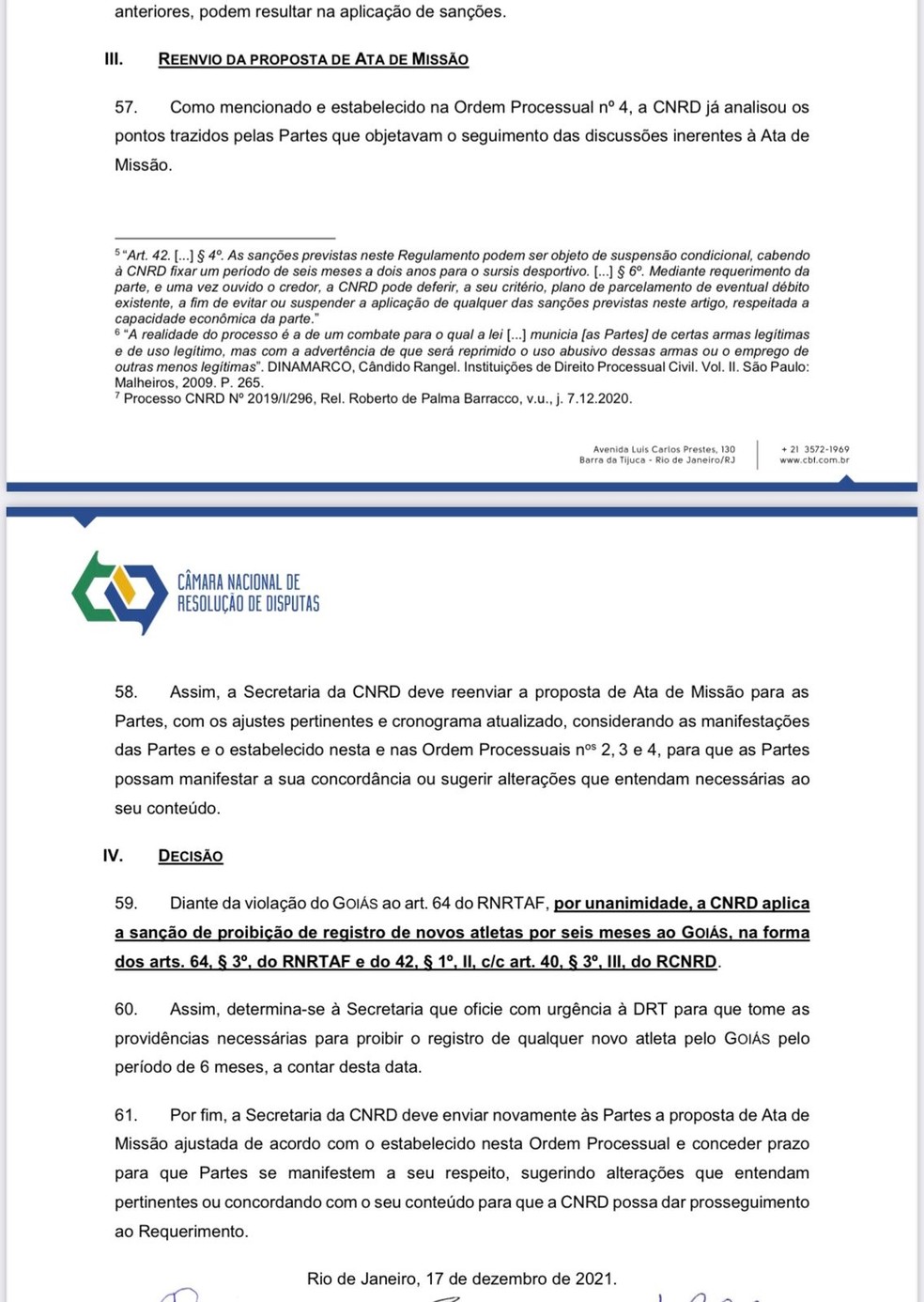 Documento da CBF que obriga o Goiás a quitar dívida com o Goianésia — Foto: Divulgação / CBF
