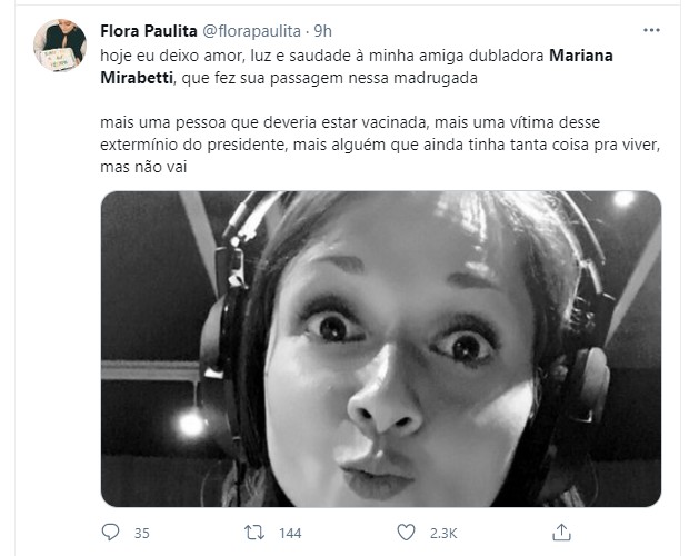 Flora Paulita se despede de Mariana Mirabetti (Foto: Reprodução Twitter )