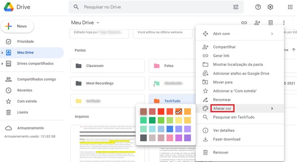 Personalize a página inicial do Google Drive adicionando cor às pastas — Foto: Reprodução/Google Drive