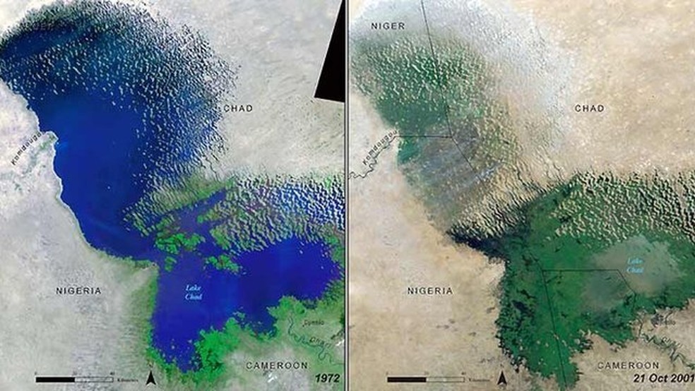Mapa mostra a mudança no lago Chade entre 1972 e 2001  — Foto: Unep
