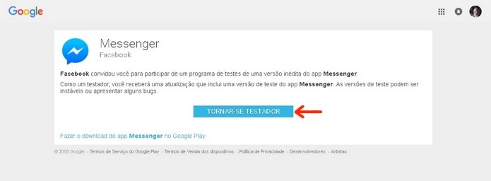 Página do programa Beta do Messenger para Android (Foto: Reprodução/Raquel Freire)