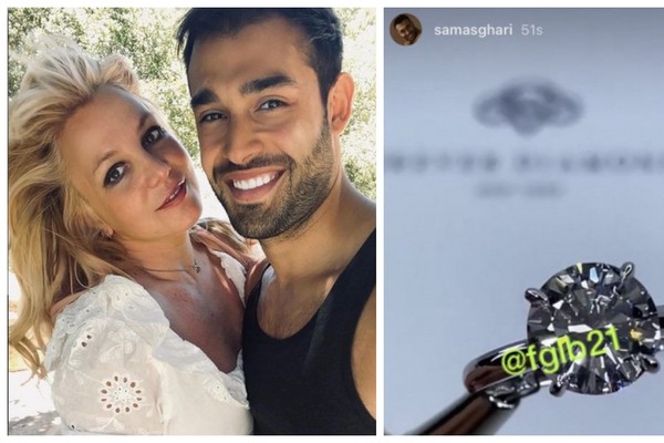 Britney Spears e Sam Asghari e a foto da aliança publicada nos Stories do dançarino (Foto: Instagram)