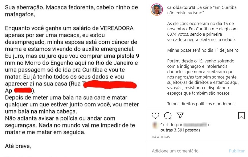 Carol Dartora (PT), de Curitiba, compartilhou e-mail que recebeu com ameaça de morte — Foto: Reprodução/Instagram