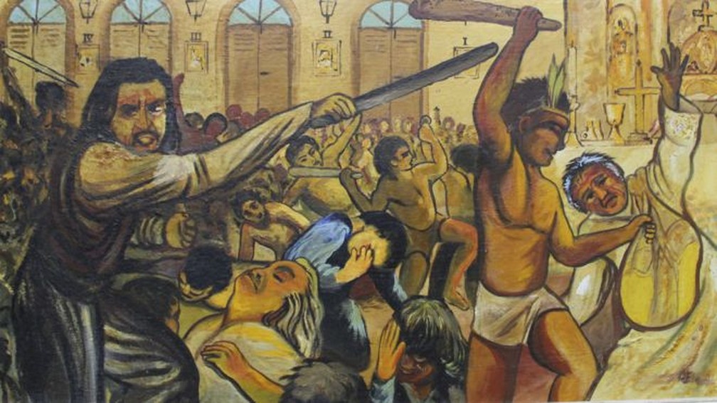 Quadro mostra massacre em Cunhaú, no Rio Grande do Norte. Os mortos identificados serão declarados santos neste domingo | Imagem pintada por Padre Eladio (Foto: BBC/Divulgação)