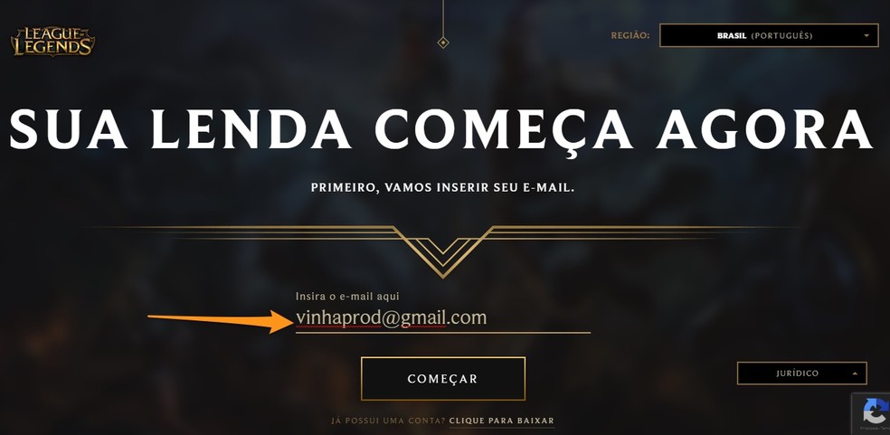 Cadastro de e-mail para jogar League of Legends (Foto: Reprodução/Felipe Vinha)