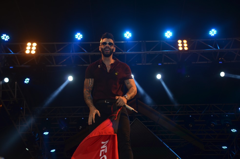Gusttavo Lima ergueu bandeira da Paraíba durante show no Parque do Povo, em Campina Grande — Foto: Iara Alves/G1