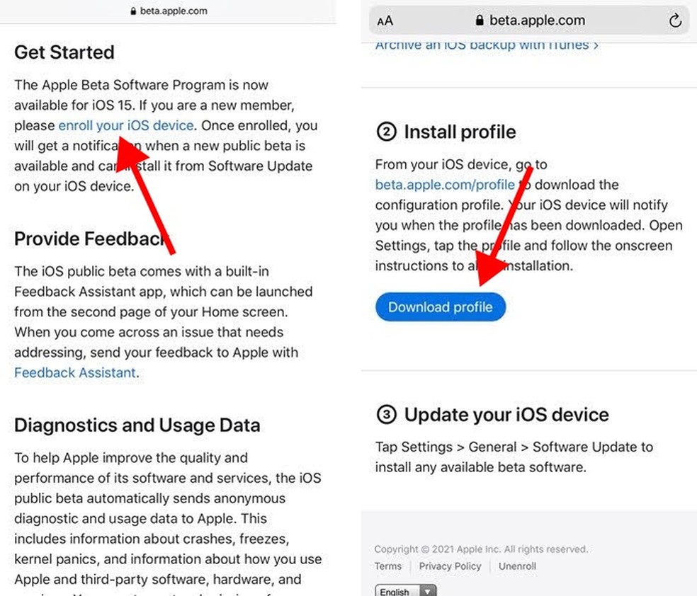 Veja como fazer o download do iOS 15 beta público — Foto: Reprodução/Letícia Conde