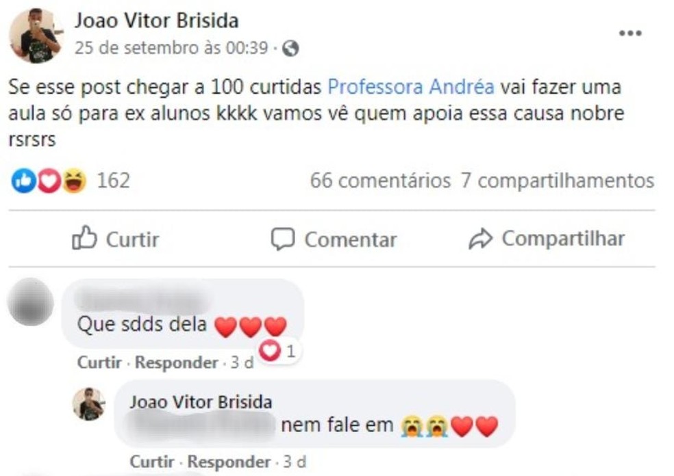 Ex-aluno de Porto Feliz criou campanha para ter aula online com professora do ensino médio — Foto: Reprodução/Facebook