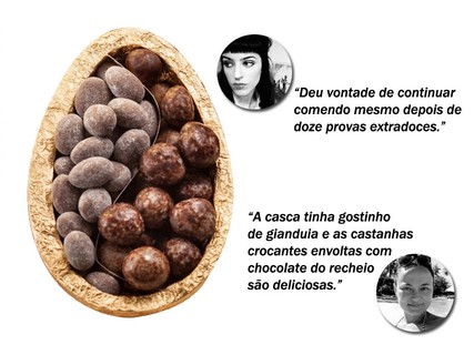 Metade de Ovo Yin Yang Chocolat Du Jour, R$ 199 (240g). Destaque para o recheio de macadâmia caramelizada e avelãs cobertas com chocolate