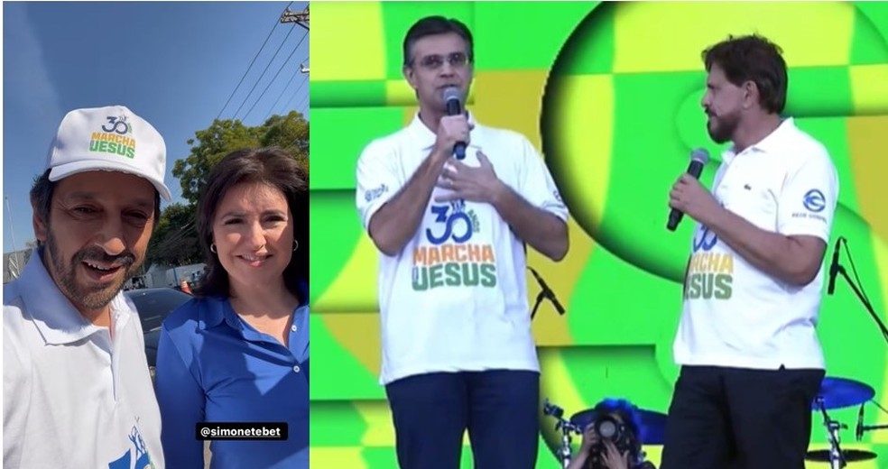 Nunes e Tibet, à esquerda, e Garcia e pastor Estevam Hernandes, à direita, durante Marcha Para Jesus, neste sábado (9) — Foto: Reprodução/Redes Sociais/Rede Gospel