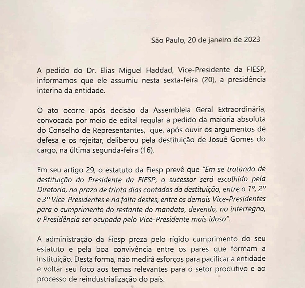 Comunicado interno foi enviado a funcionários da Fiesp — Foto: Reprodução