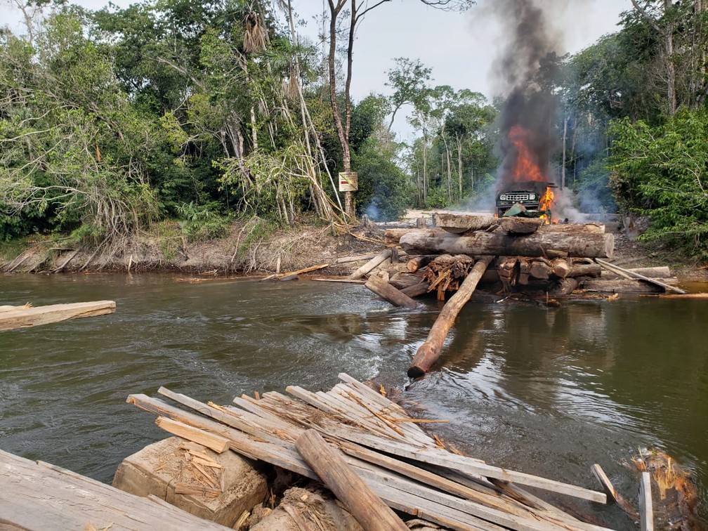 Ponte construída para transporte de madeira foi destruída em terra indígena.  — Foto: PF/Divulgação