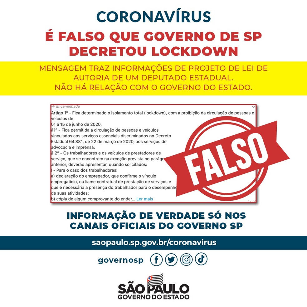 Doria nega que tenha decretado lockdown em São Paulo — Foto: Reprodução/Instagram do Governo de São Paulo