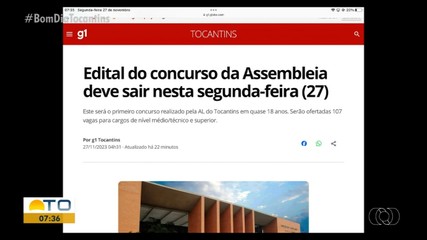 Edital do concurso do Assembleia Legislativa é destaque no g1 Tocantins
